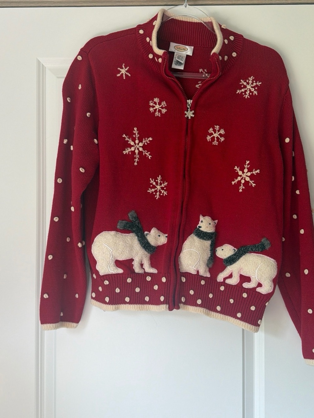 Talbots Red Zip-Up Sweater with Cream Polar Bear Appliqués - Picture 5 of 5